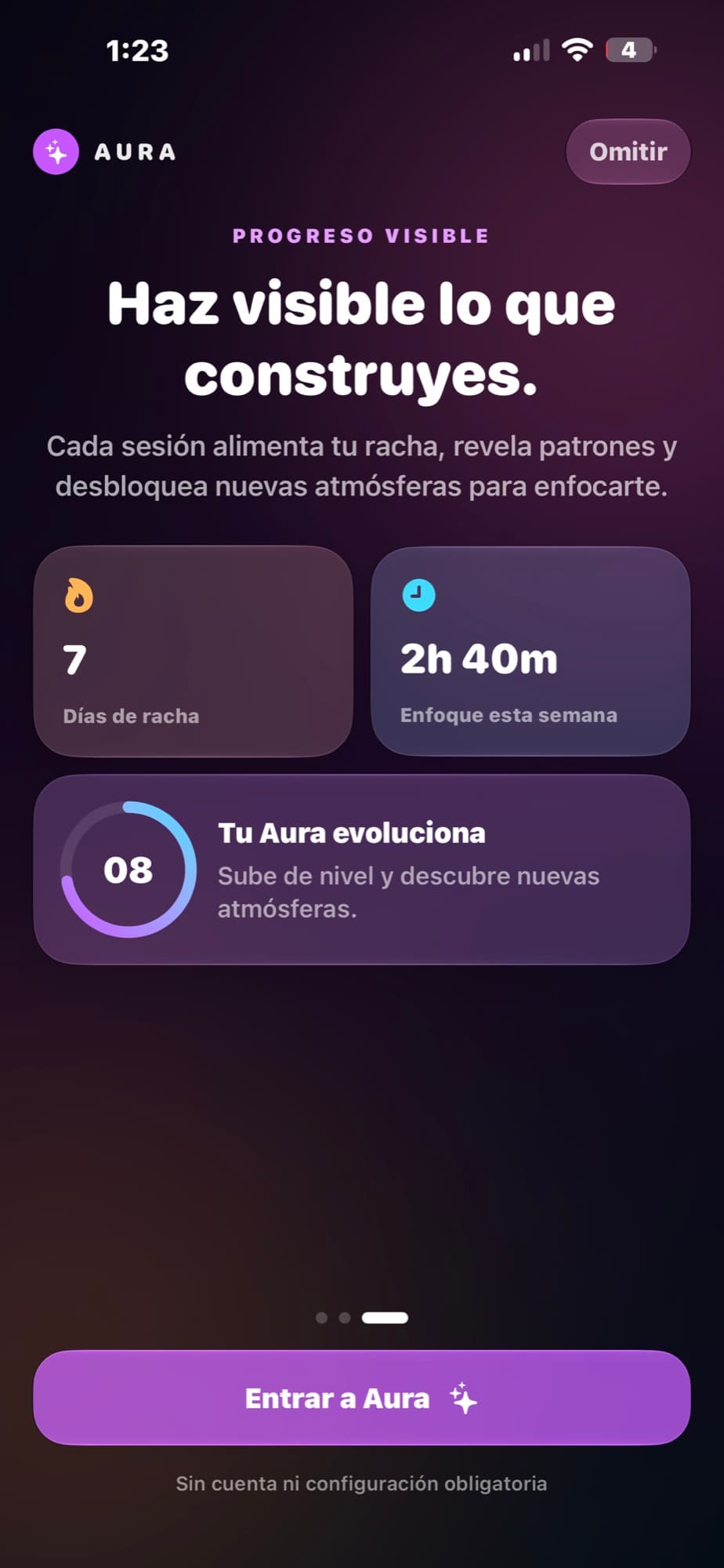 Progreso y racha de enfoque dentro de Aura