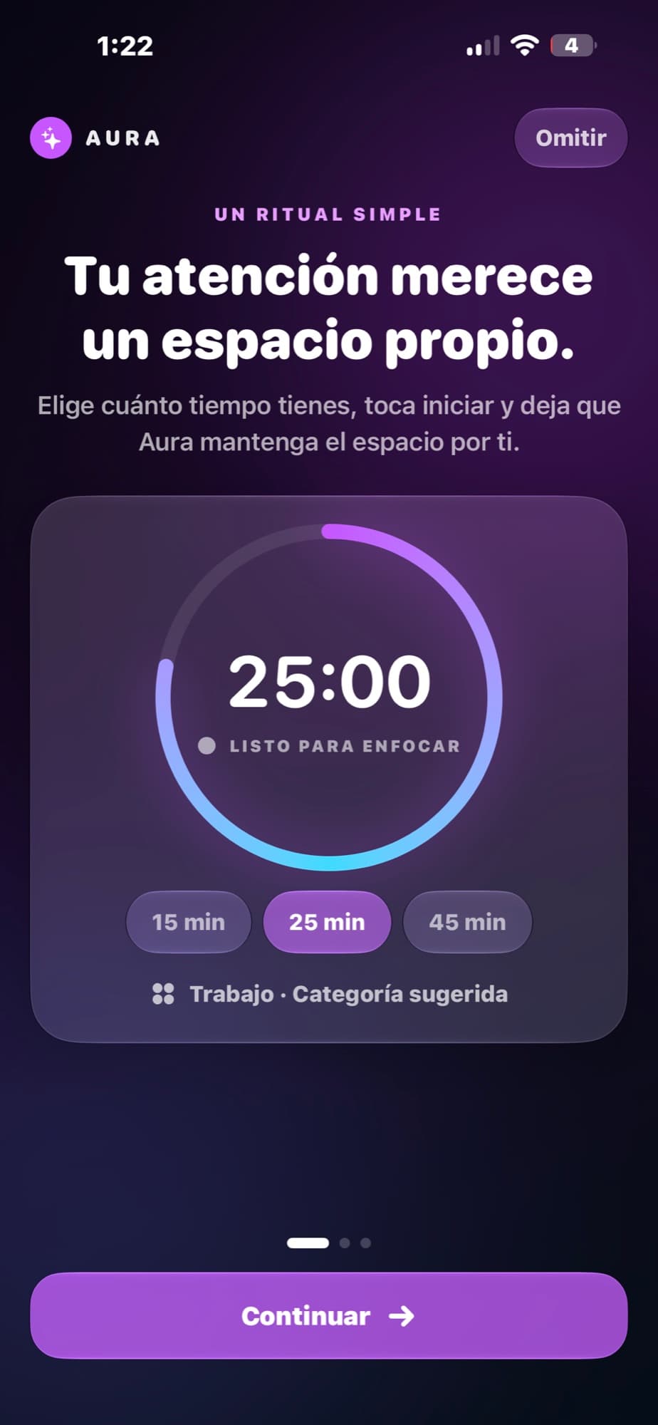 Aura en iPhone mostrando un ritual de enfoque de 25 minutos