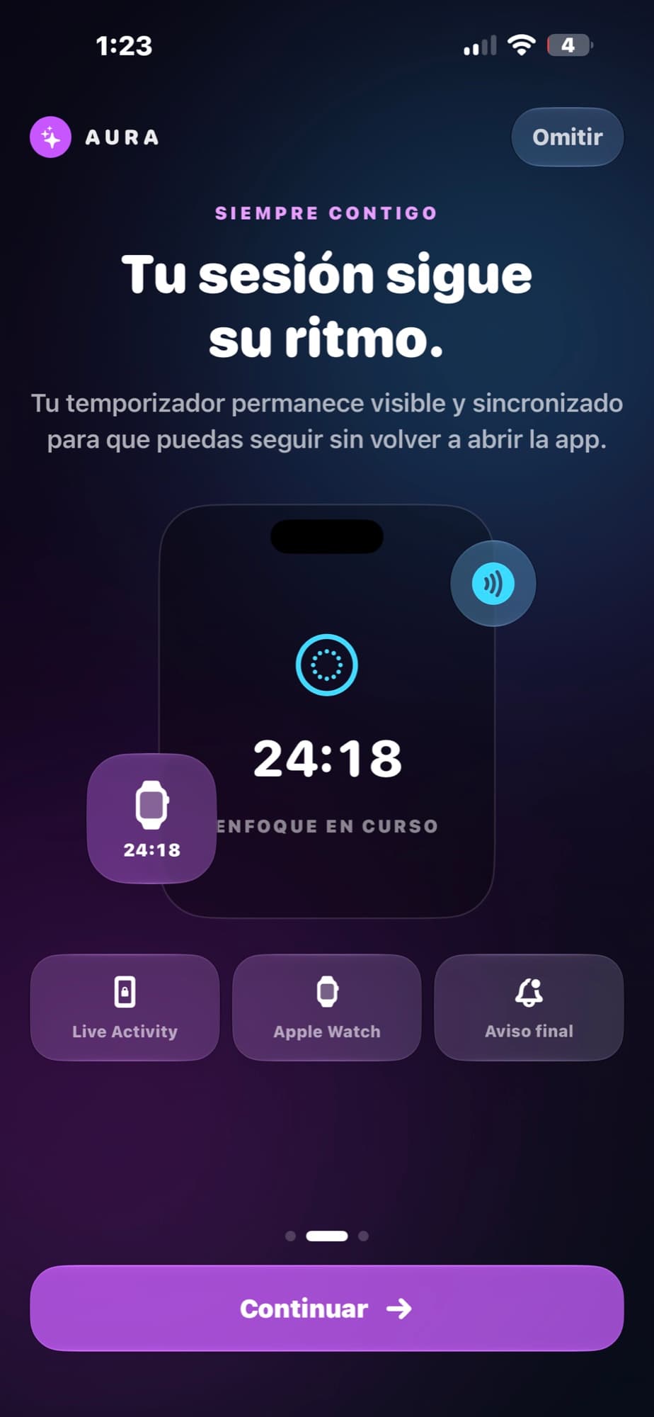 Sincronización de una sesión Aura con Apple Watch y Live Activity