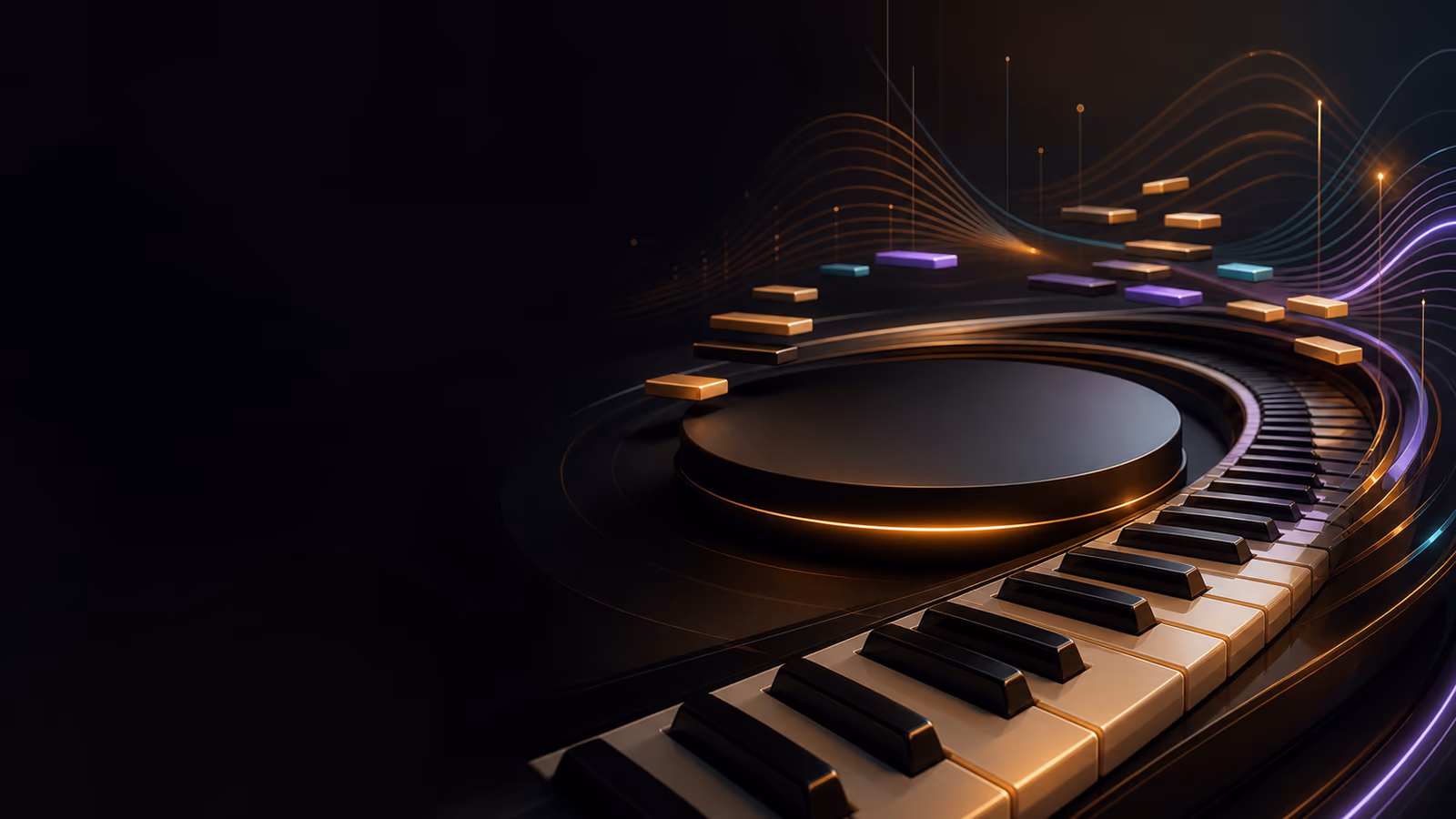 Escenario musical con piano, ondas armónicas y bloques de composición