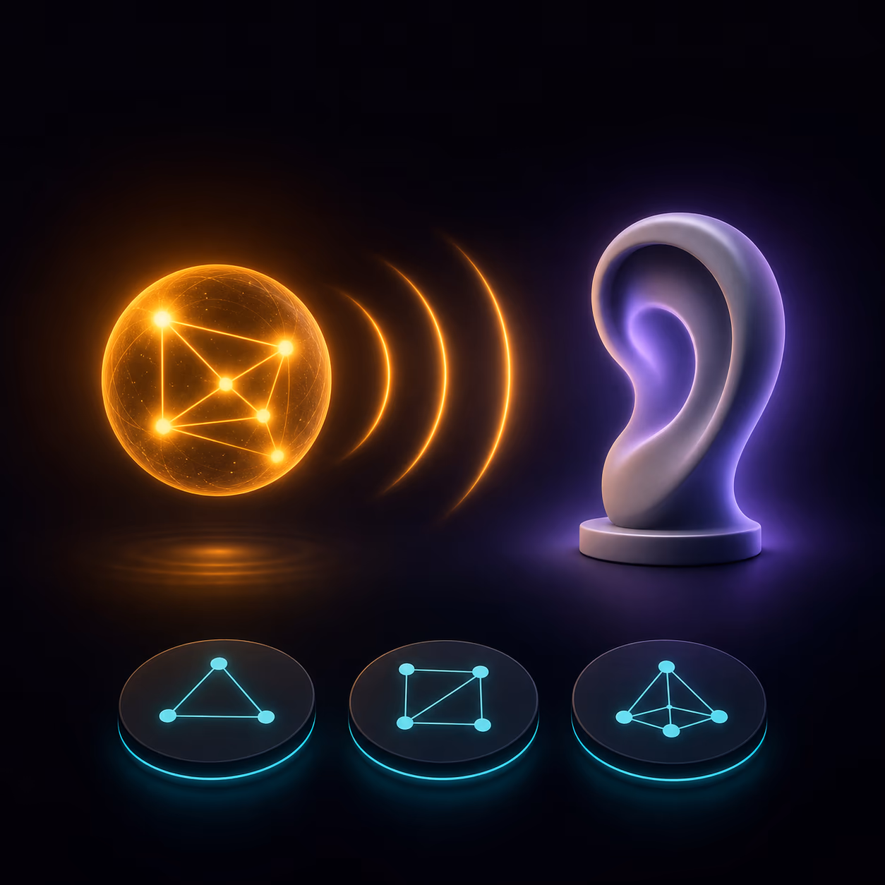 Escultura de un oído junto a una representación luminosa del sonido