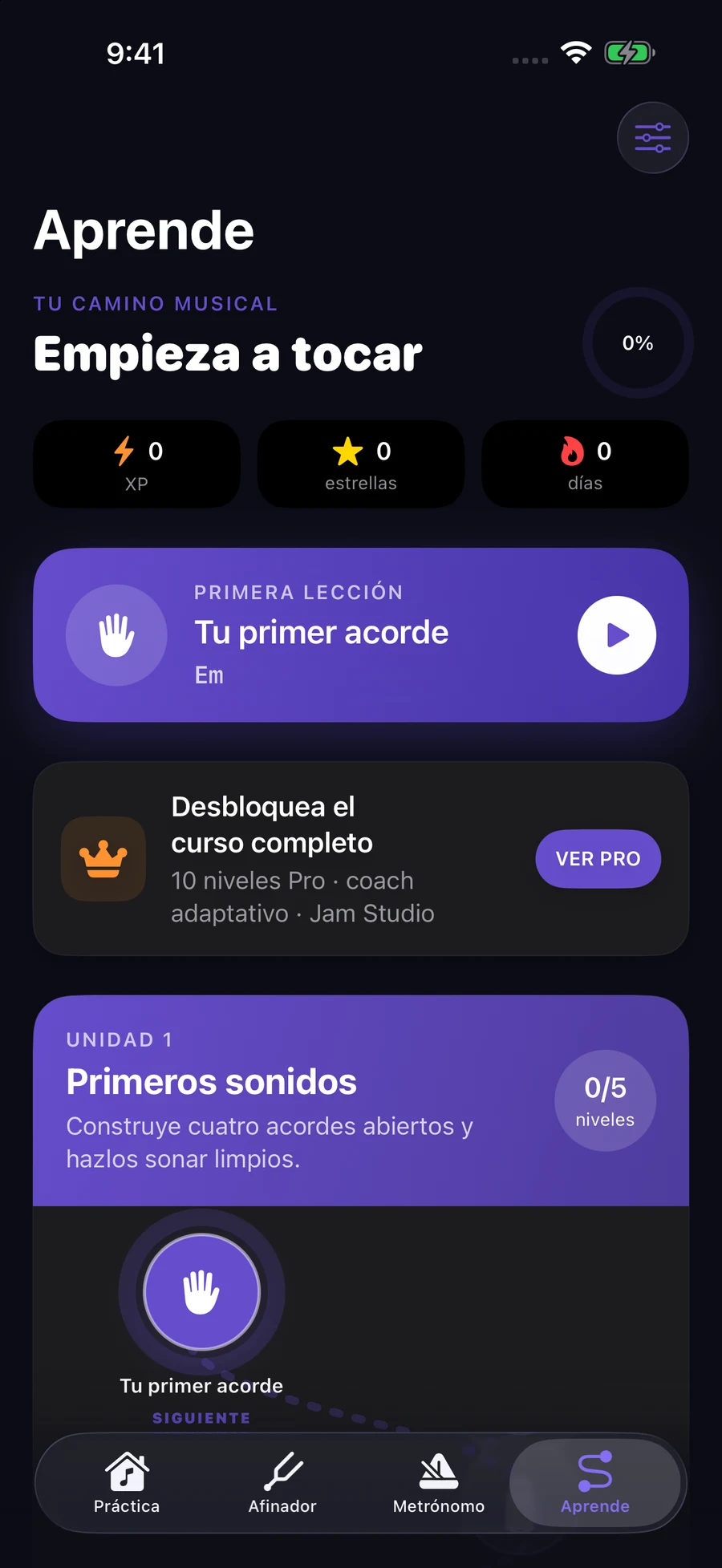 Guitar Mastery Pro learning path, in Spanish