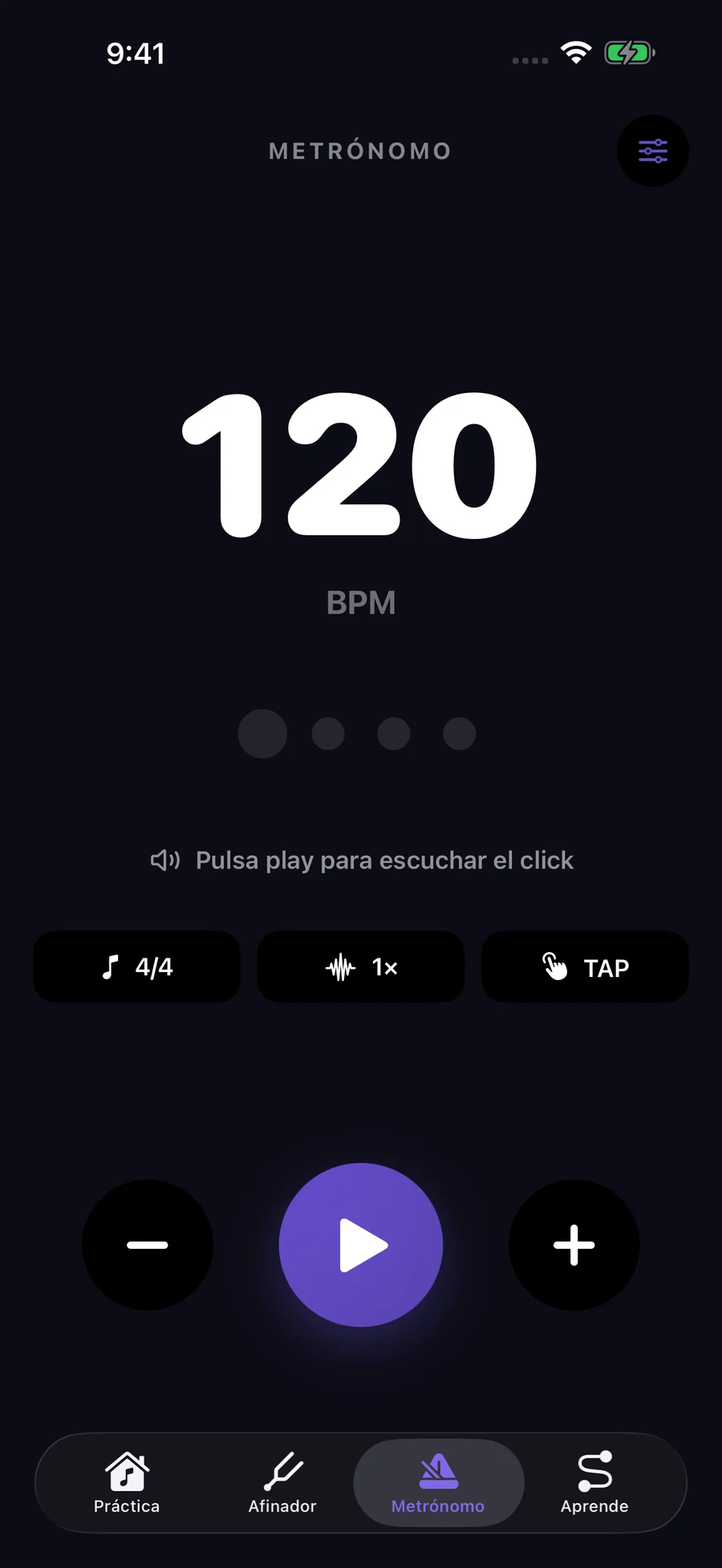 Metronome screen with tempo and time signature controls