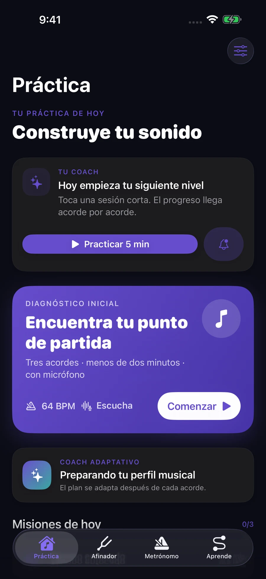 Practice screen with microphone-assisted chord exercise