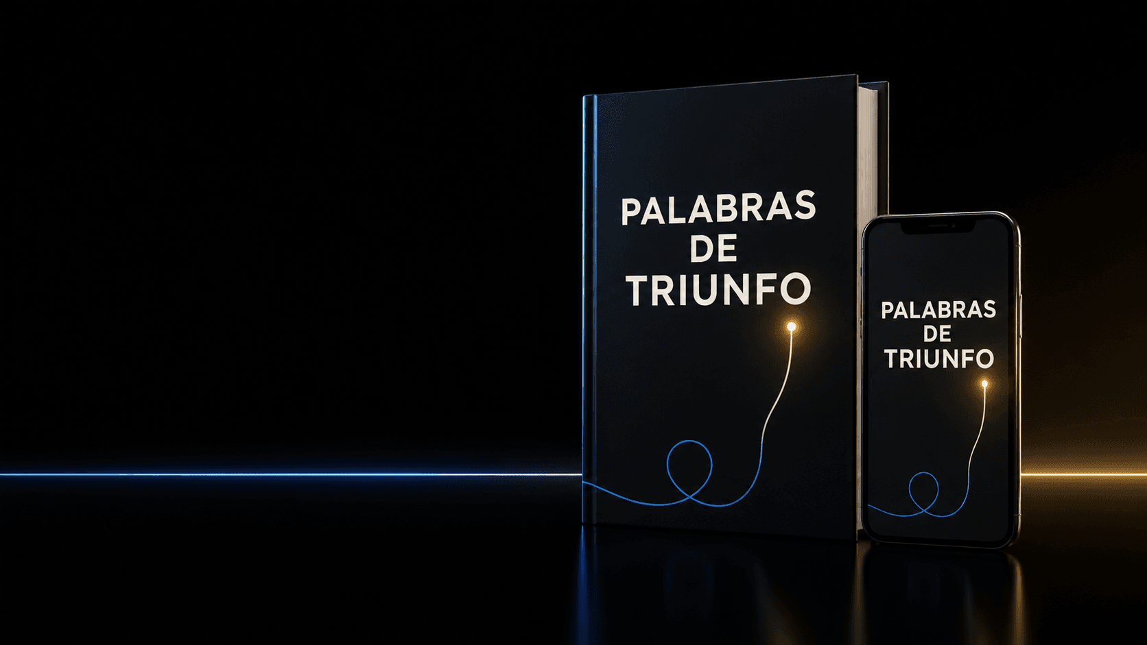 Libro y versión móvil de Palabras de Triunfo entre una línea azul y dorada