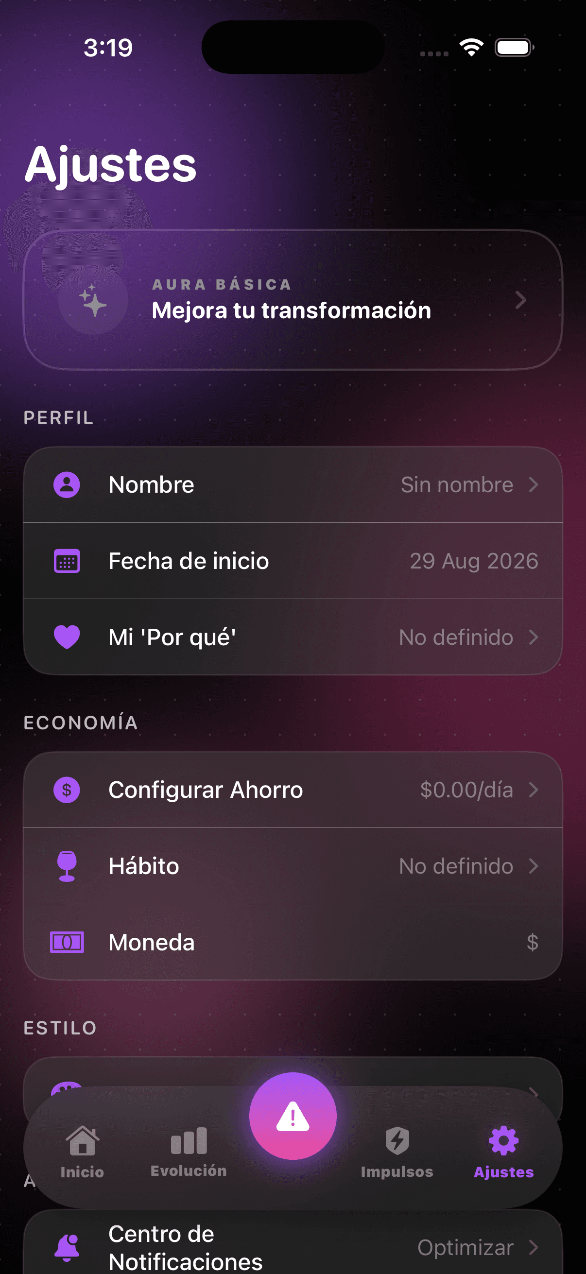 Pantalla Ajustes de NEWME