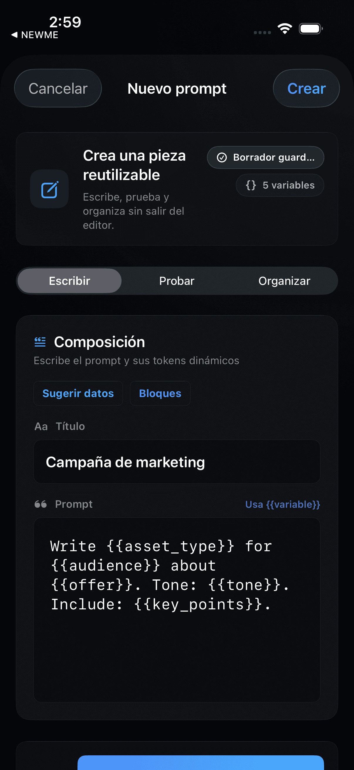 Editor real de My Prompt mostrando una plantilla de marketing con cinco variables