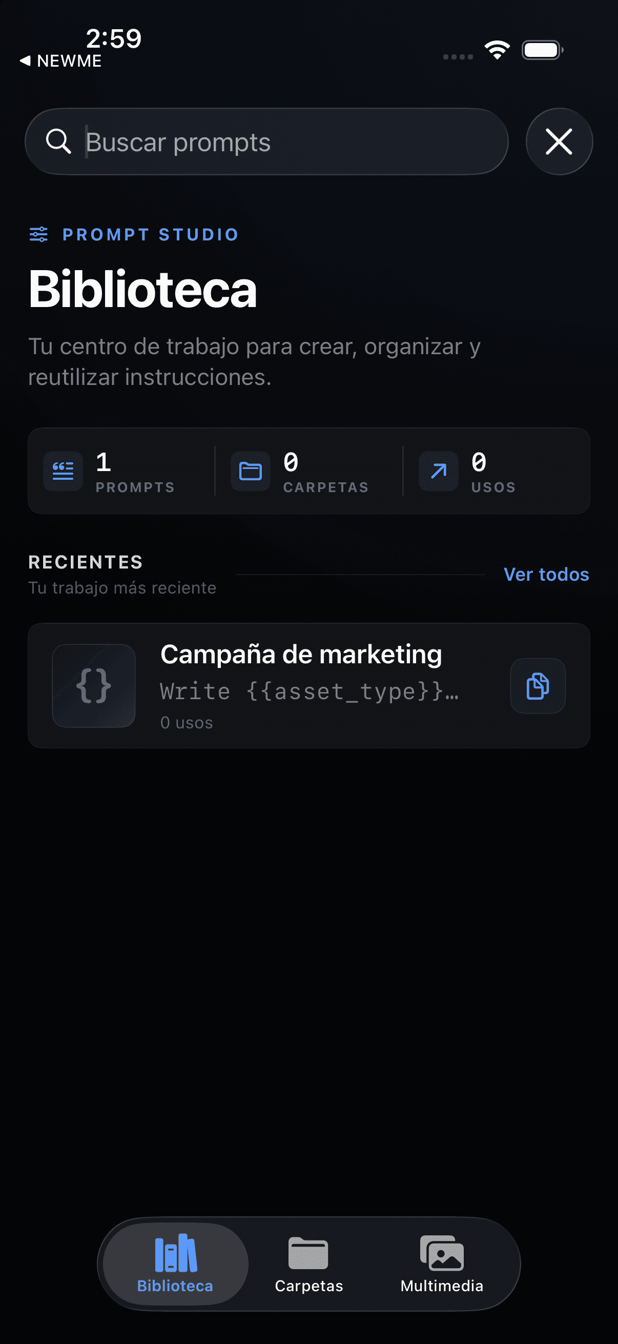 Biblioteca real de My Prompt en iPhone con un prompt de demostración