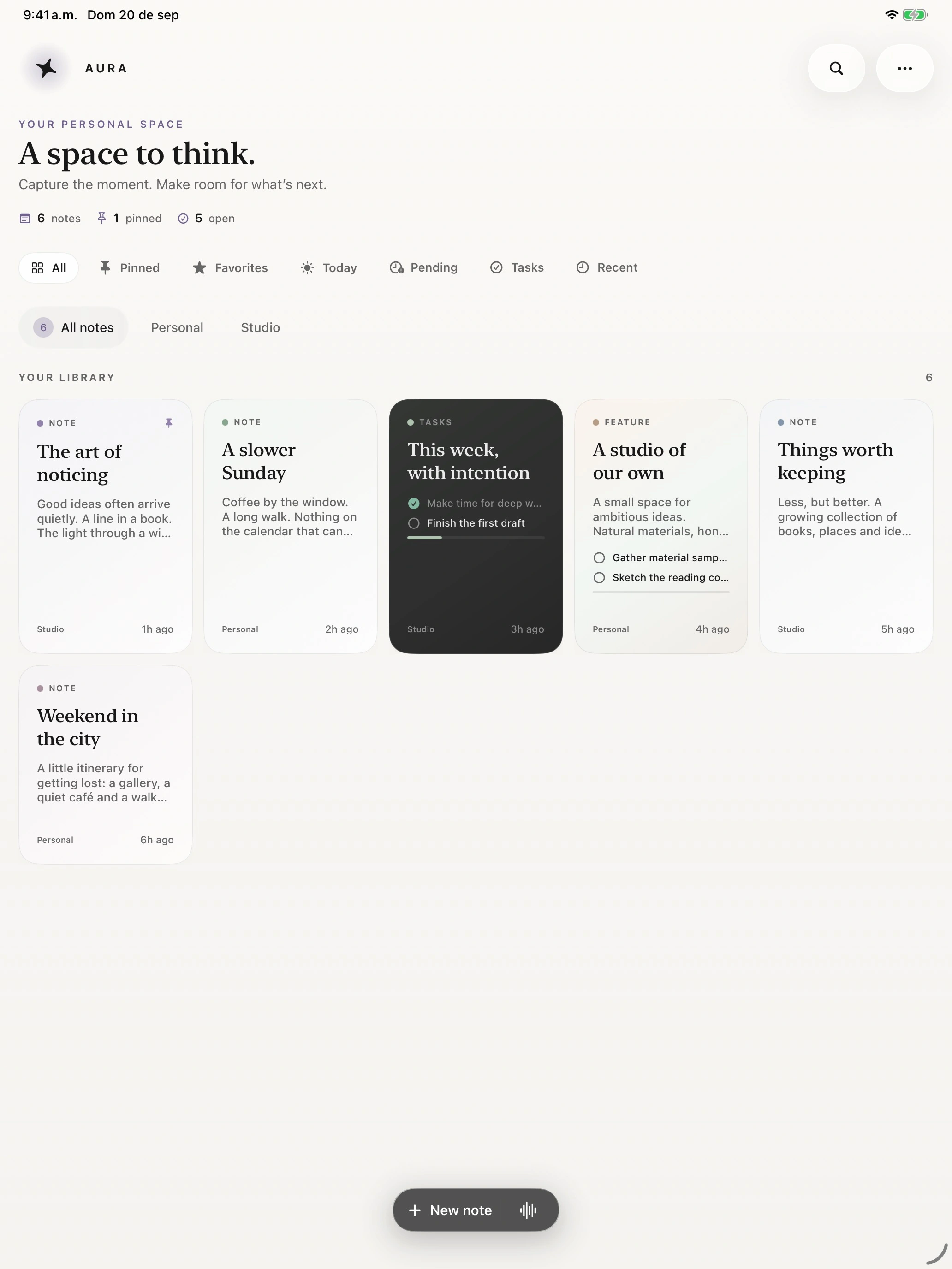 AURA Notes on iPad, showing the library of personal and studio notes