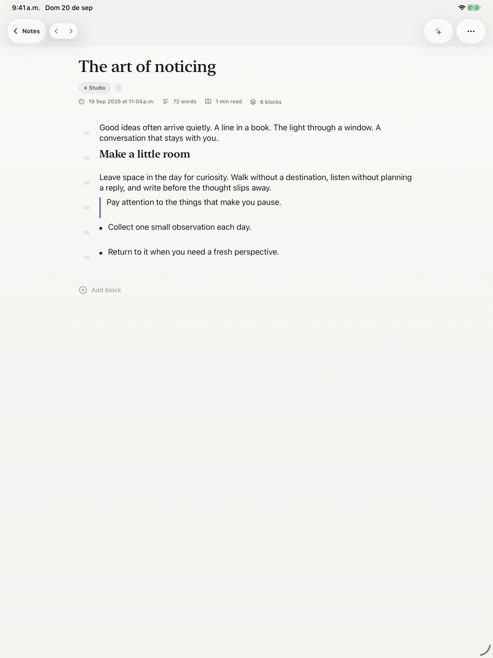 iPad block editor with the note The art of noticing, a heading, quotation and bullet list