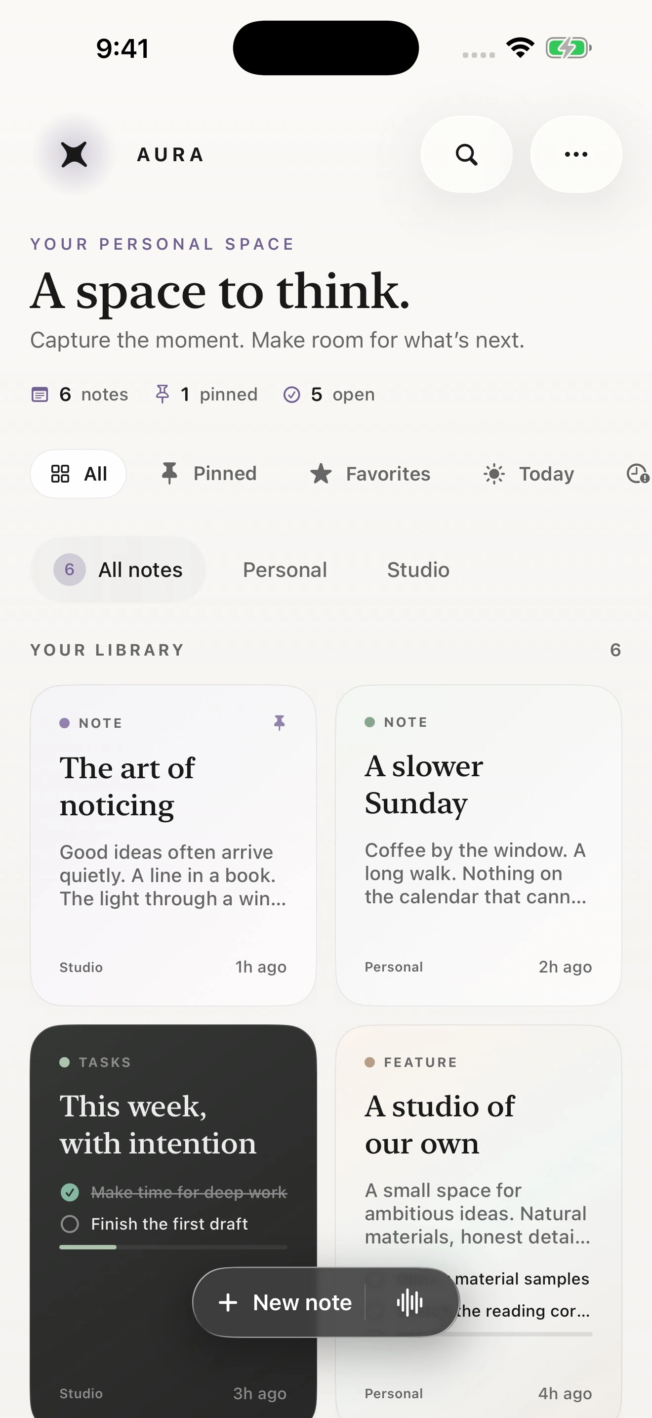 AURA Notes on iPhone, with folders, favorites and a checklist in the note library